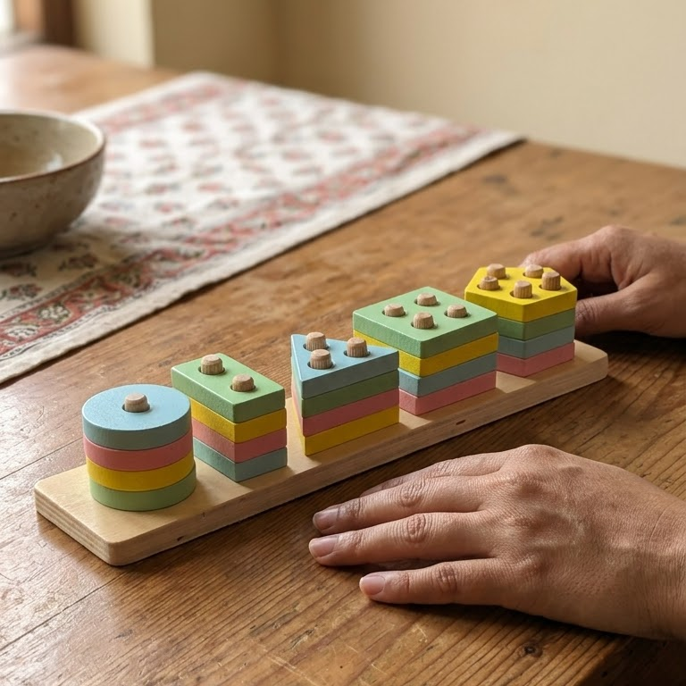 Wooden Geometric Shape Sorter Board – Peg Stacking Educational Toy