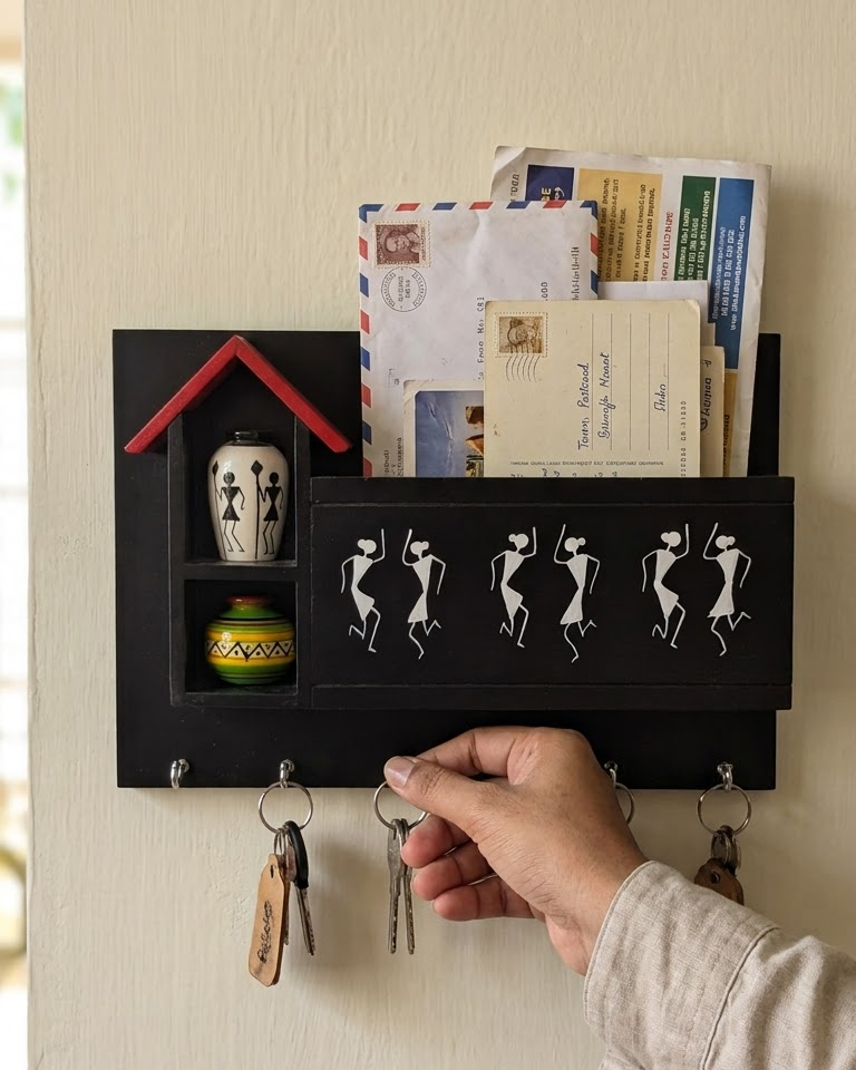 Wooden Wall-Mounted Key Organizer – Decorative Entryway Rack with Hooks
