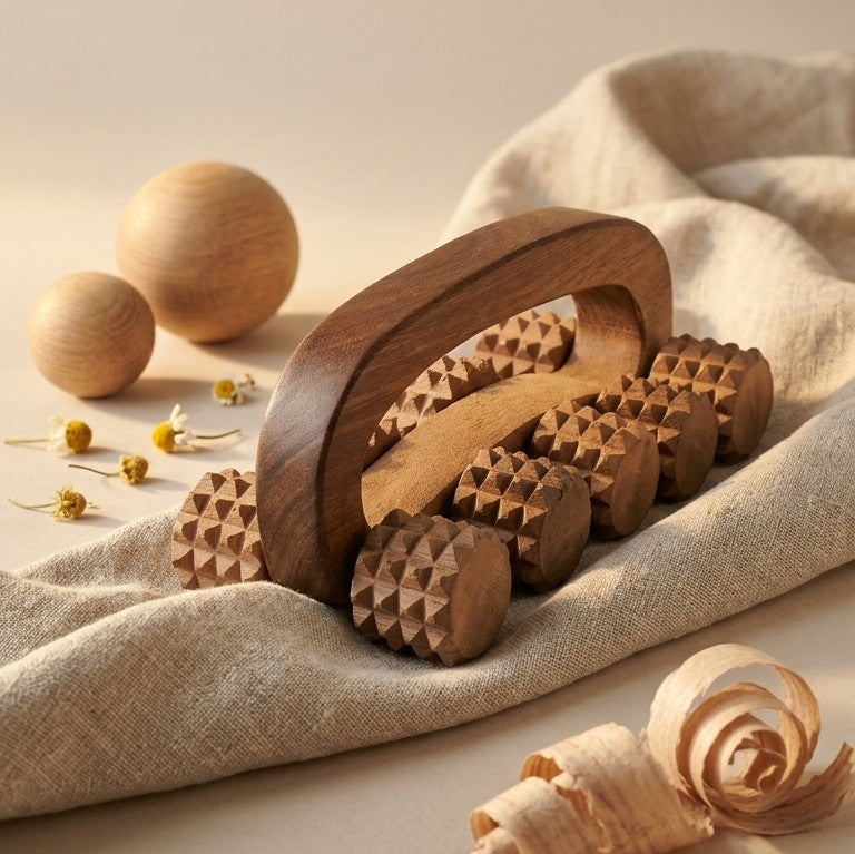 Wooden Acupressure Body Massager Roller – Dual-Row Muscle Relief Tool