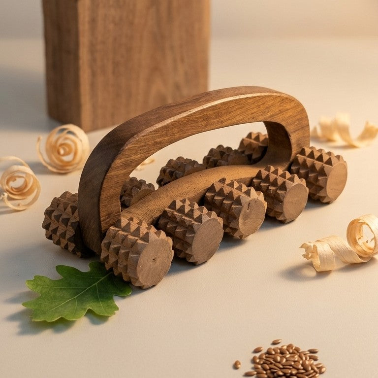 Wooden Acupressure Body Massager Roller – Dual-Row Muscle Relief Tool