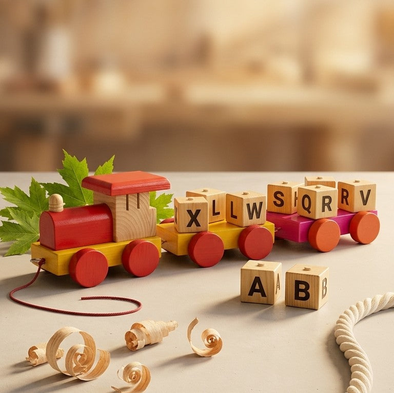 Handcrafted Wooden Alphabet Pull-Along Train Set – 3 Wagons
