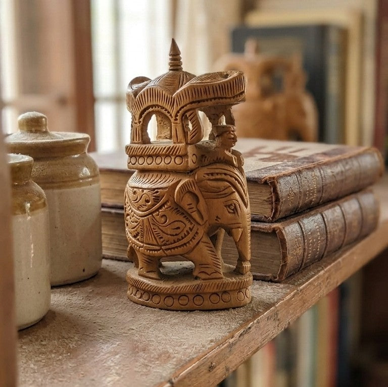 Wooden Ambari Royal Elephant Figurine – Hand-Carved Mysore Howdah Statue