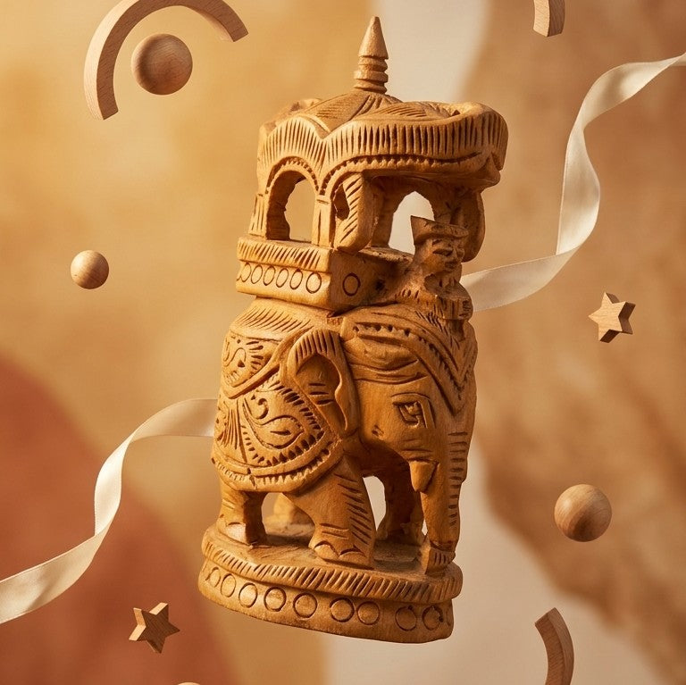 Wooden Ambari Royal Elephant Figurine – Hand-Carved Mysore Howdah Statue