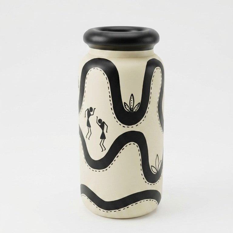Wooden Warli Monochrome Flower Vase – Hand-Painted Cream & Black Pot