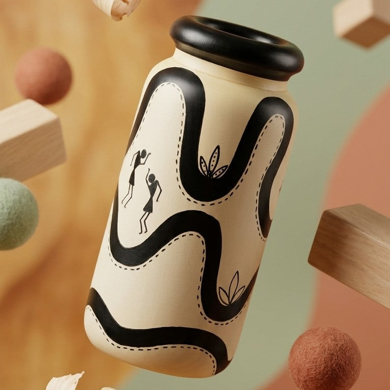 Wooden Warli Monochrome Flower Vase – Hand-Painted Cream & Black Pot