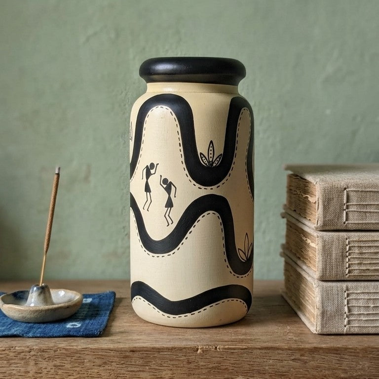 Wooden Warli Monochrome Flower Vase – Hand-Painted Cream & Black Pot