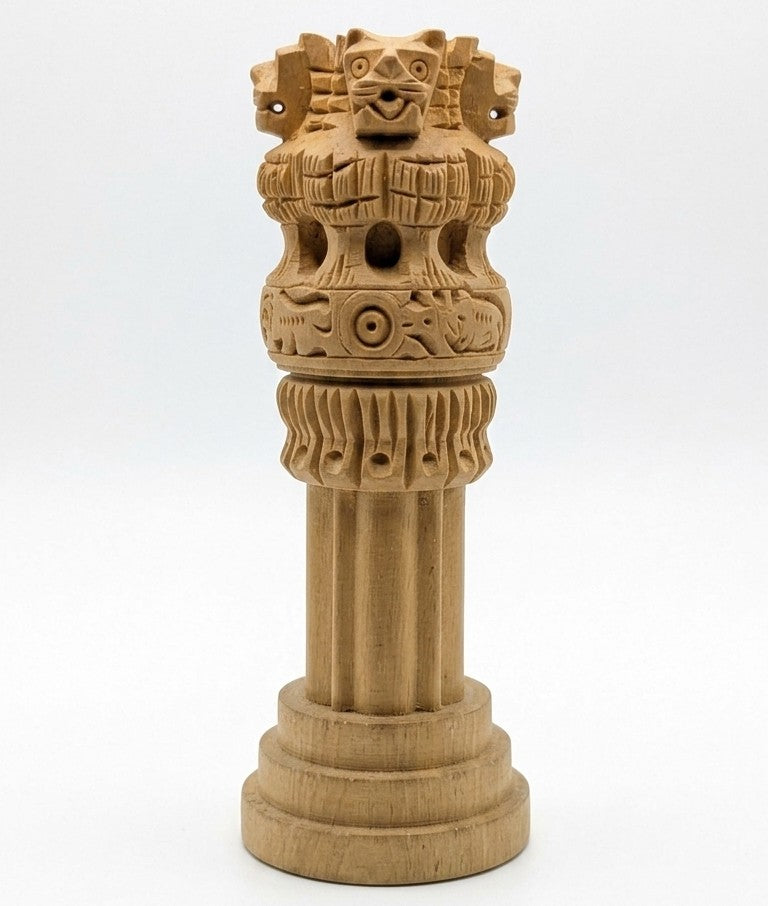 Wooden Ashoka Pillar Monument – Hand-Carved National Emblem (Small)
