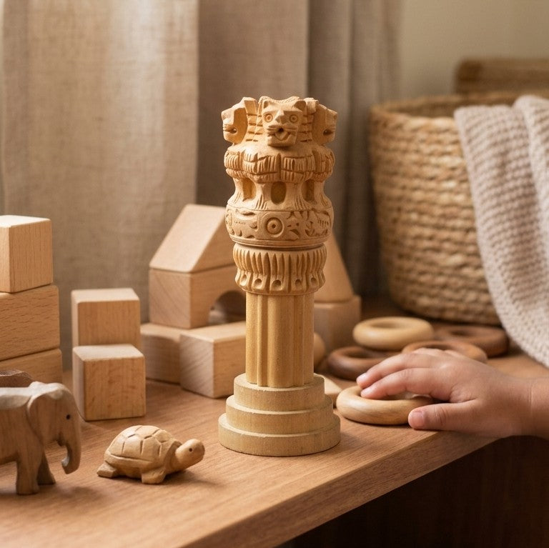 Wooden Ashoka Pillar Monument – Hand-Carved National Emblem (Small)