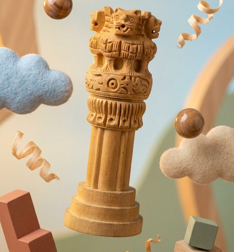 Wooden Ashoka Pillar Monument – Hand-Carved National Emblem (Small)