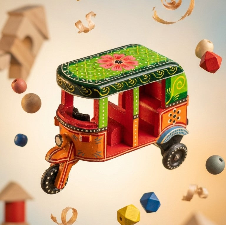 Wooden Heritage Auto Rickshaw Toy – Traditional Desi Tuk-Tuk