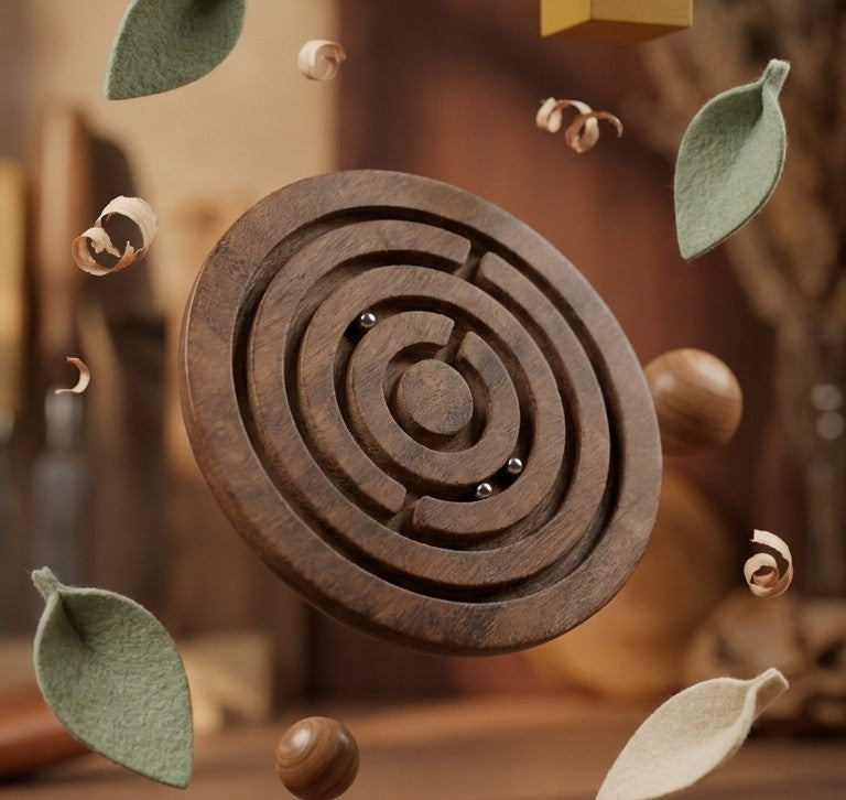 Wooden Circular Ball-in-a-Maze Puzzle – Handheld Focus & Skill Game