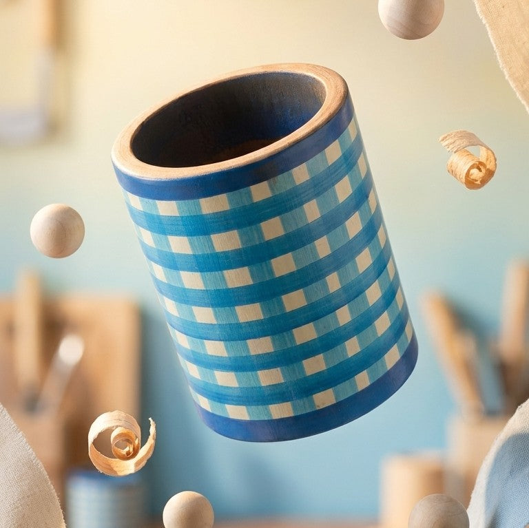 Wooden Blue Pottery Pen Stand – Handcrafted Desk Organizer