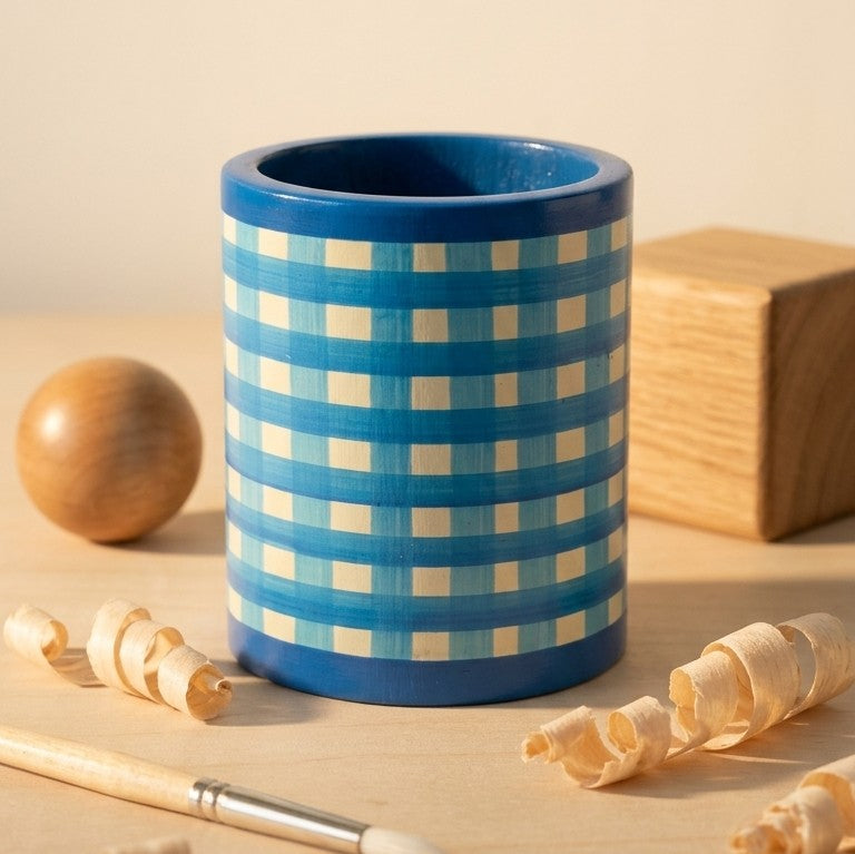 Wooden Blue Pottery Pen Stand – Handcrafted Desk Organizer