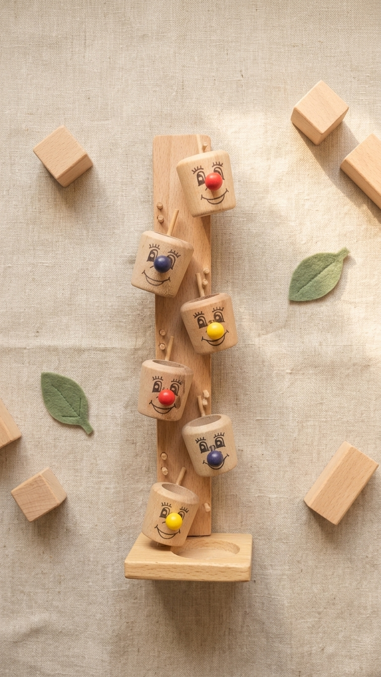 Wooden Clown Drop Tower – Gravity-Fed Cascading Tumbling Toy