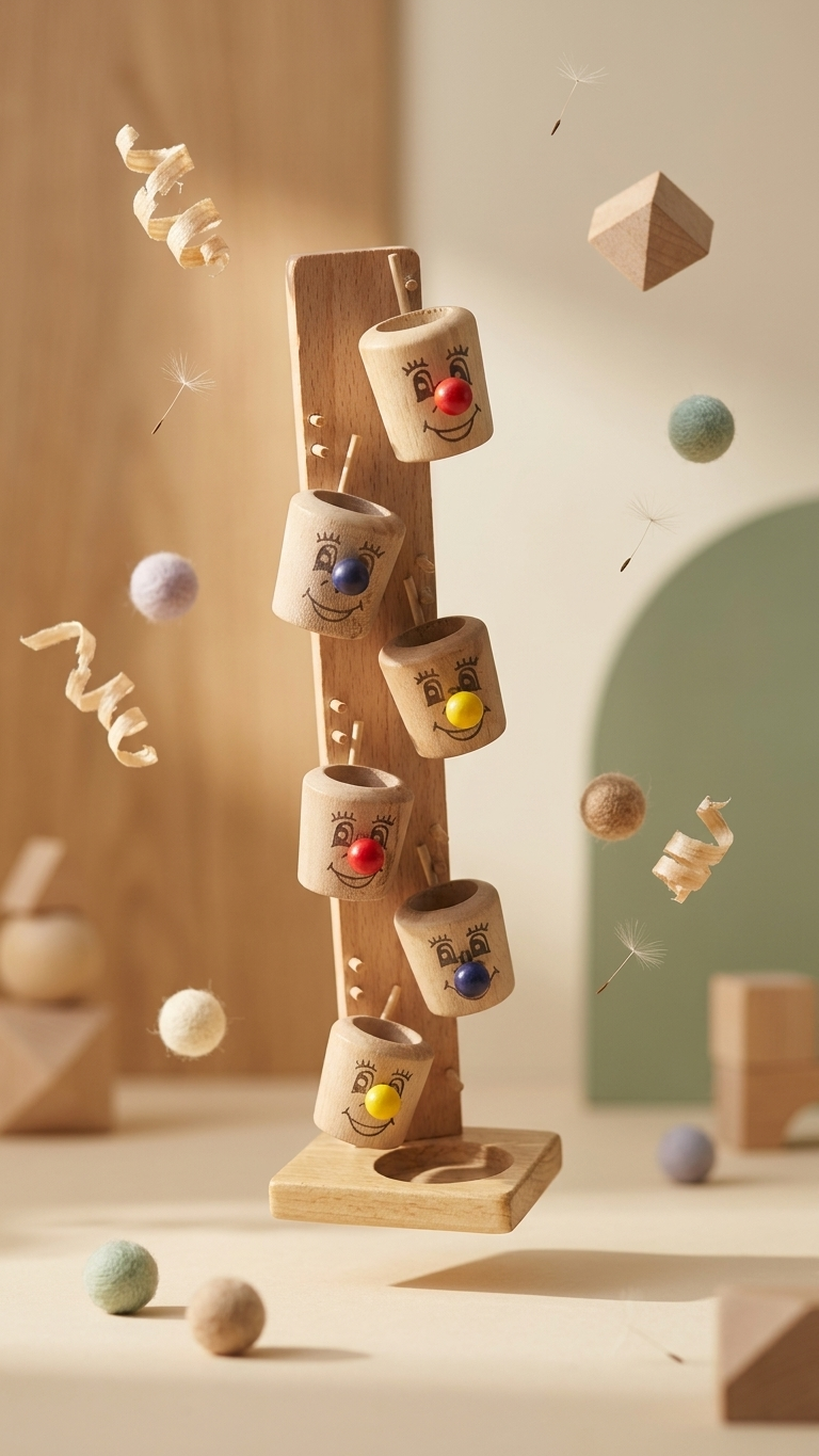 Wooden Clown Drop Tower – Gravity-Fed Cascading Tumbling Toy