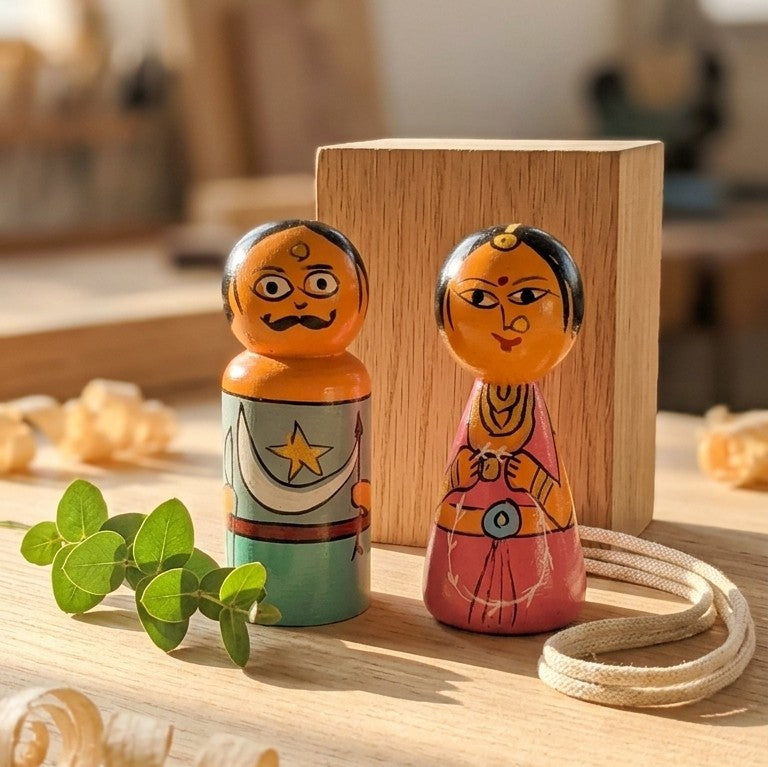 Wooden Traditional Couple Dolls – Hand-Painted Indian Folk Pair