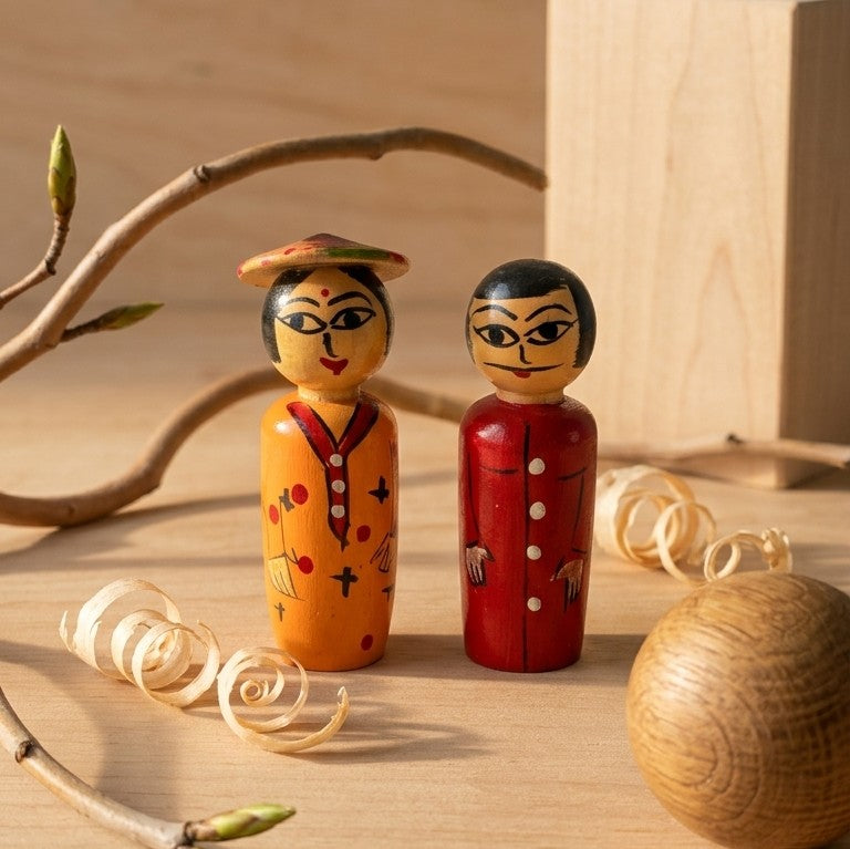 Wooden Cultural Couple Dolls – Set of 2 Hand-Painted Peg Figurines