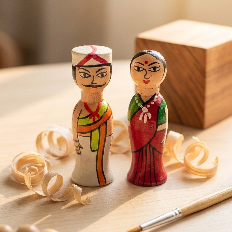 Wooden Indian Wedding Couple Dolls – Hand-Painted Vivah Pair