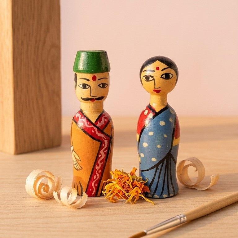 Wooden Heritage Couple Dolls – Hand-Painted Indian Folk Set of 2