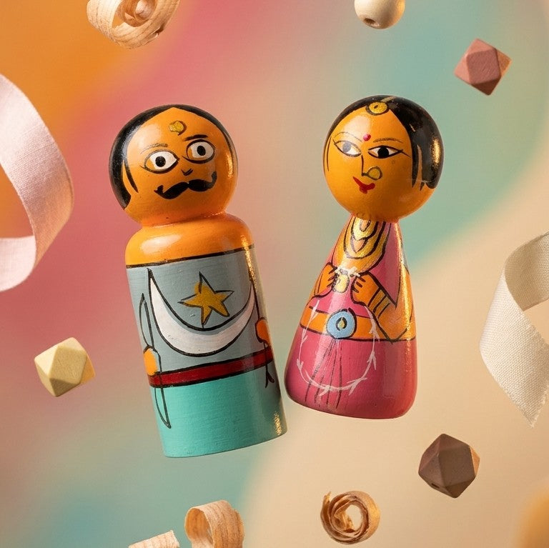 Wooden Traditional Couple Dolls – Hand-Painted Indian Folk Pair