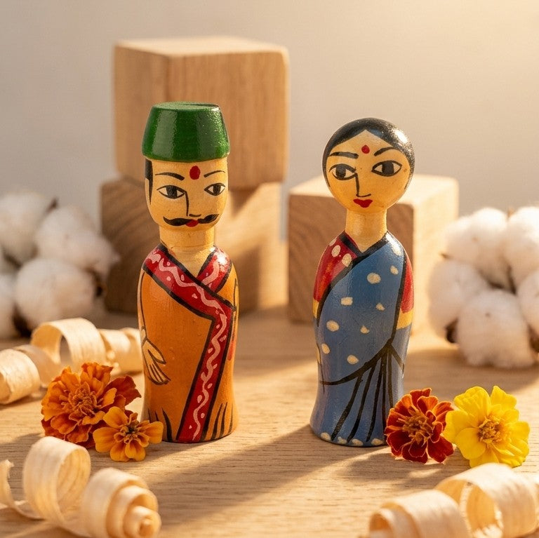 Wooden Heritage Couple Dolls – Hand-Painted Indian Folk Set of 2