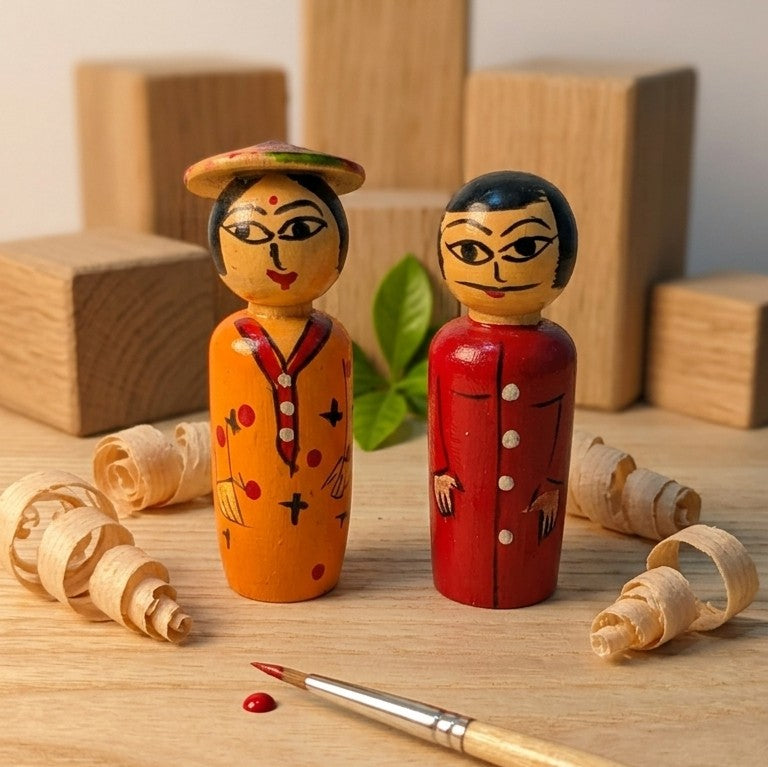 Wooden Cultural Couple Dolls – Set of 2 Hand-Painted Peg Figurines