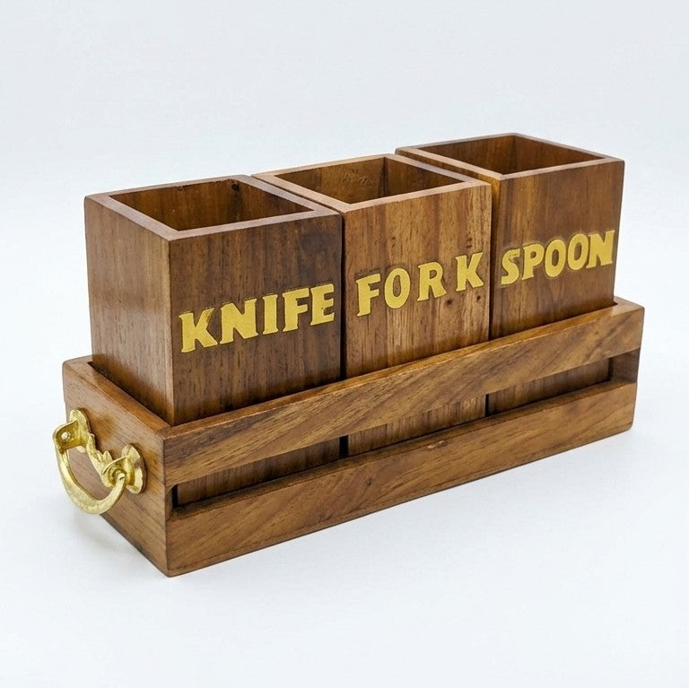 Wooden 3-Compartment Cutlery Caddy – Table Organizer with Brass Handles