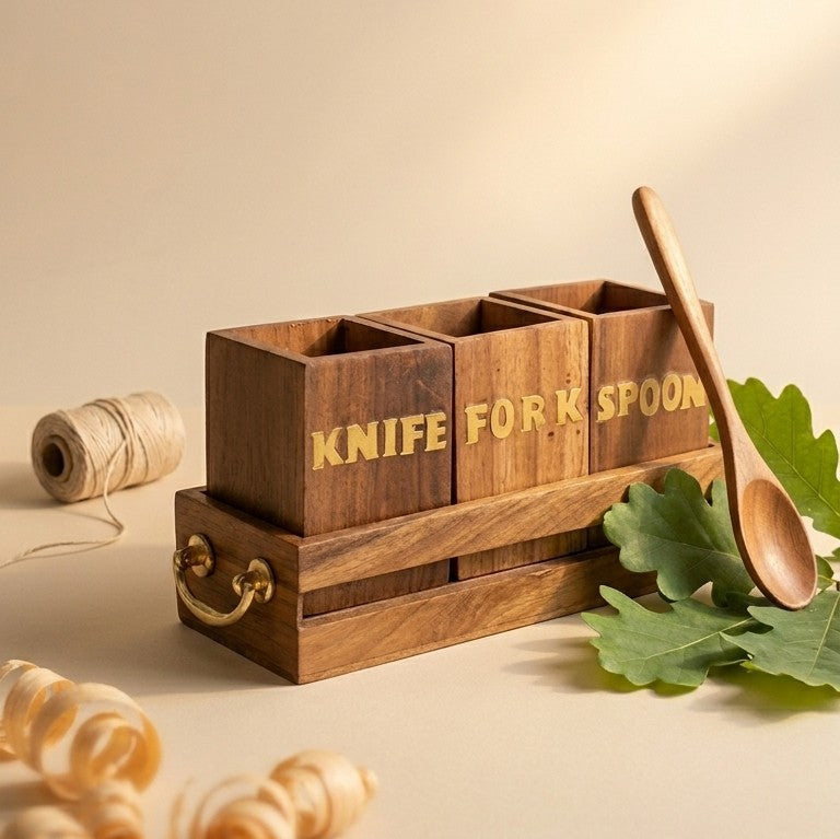 Wooden 3-Compartment Cutlery Caddy – Table Organizer with Brass Handles
