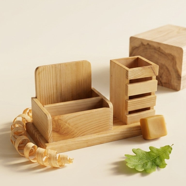 Wooden 3-in-1 Executive Desk Organizer – Phone Stand & Pen Cradle