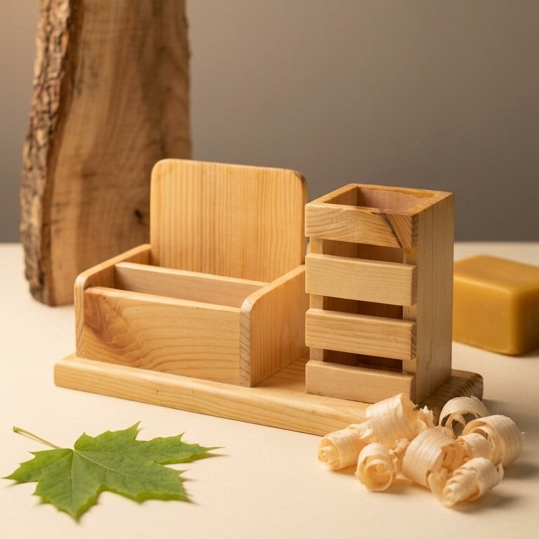 Wooden 3-in-1 Executive Desk Organizer – Phone Stand & Pen Cradle