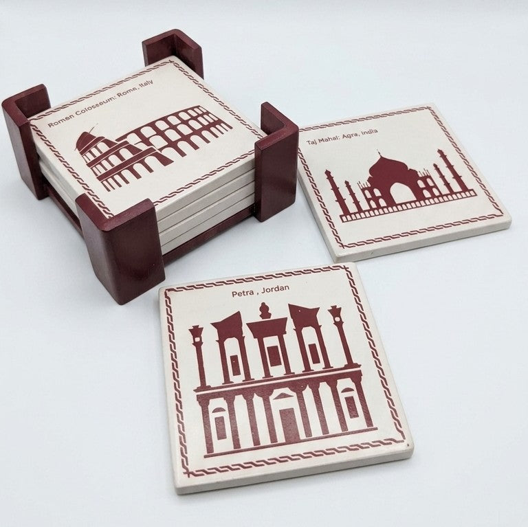 Wooden Seven Wonders Coasters – Set of 6 Drink Coasters with Stand