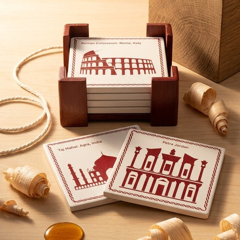Wooden Seven Wonders Coasters – Set of 6 Drink Coasters with Stand