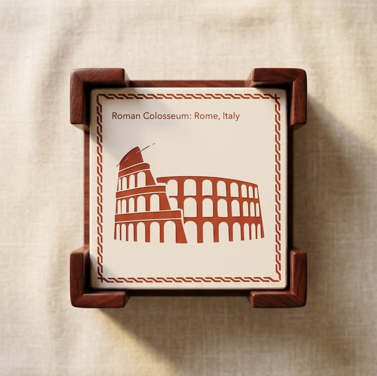 Wooden Seven Wonders Coasters – Set of 6 Drink Coasters with Stand