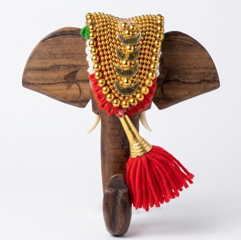 Wooden Kerala Elephant Pooram Head – Decorative Wall Hook & Plaque