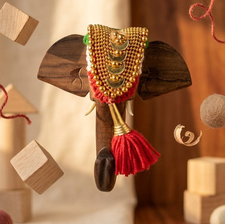 Wooden Kerala Elephant Pooram Head – Decorative Wall Hook & Plaque