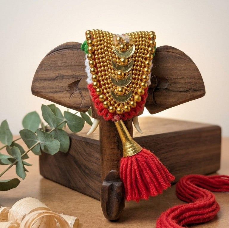 Wooden Kerala Elephant Pooram Head – Decorative Wall Hook & Plaque