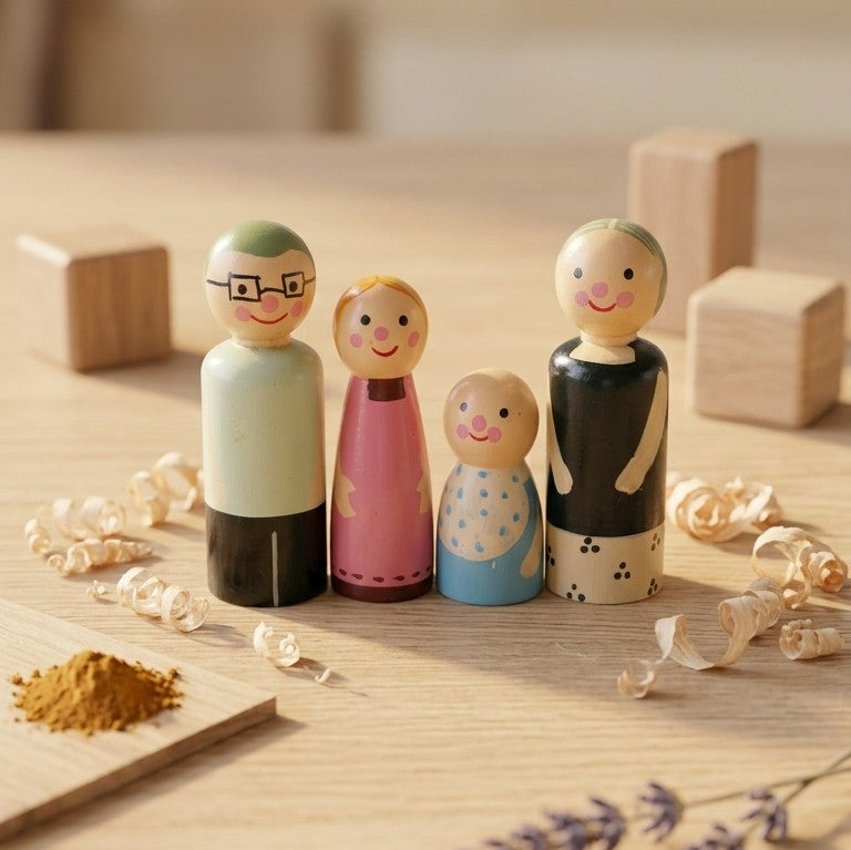 Wooden Family Peg Dolls – Set of 4 Montessori Role-Play Figures
