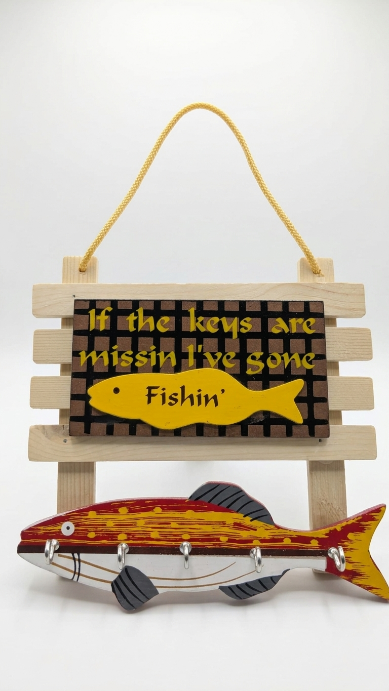 Wooden Fish Wall Key Hanger – Rustic 4-Hook Entryway Organizer