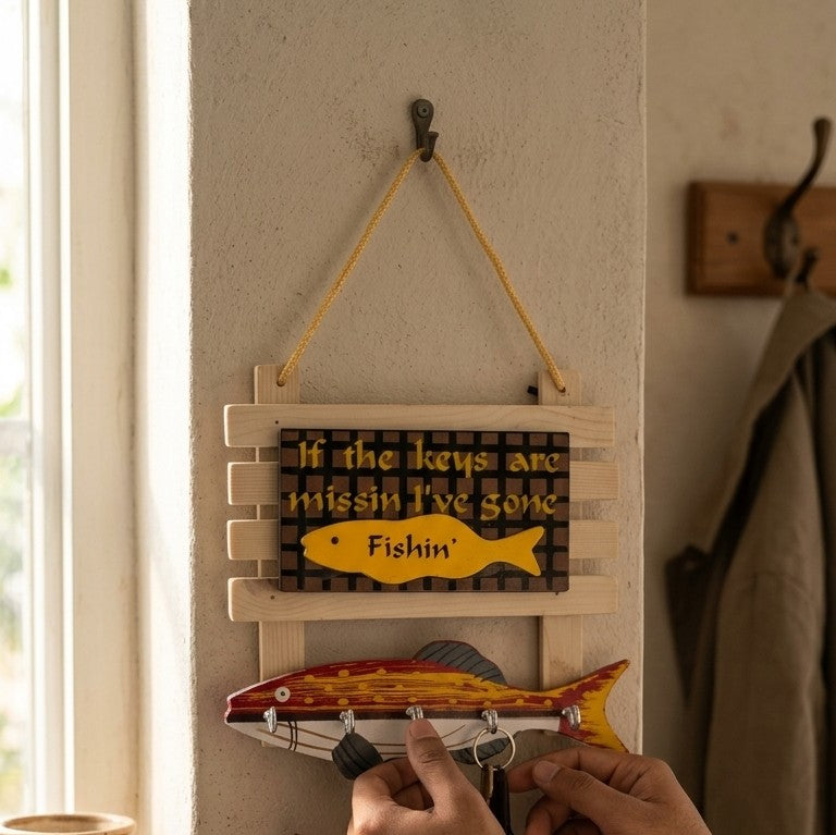 Wooden Fish Wall Key Hanger – Rustic 4-Hook Entryway Organizer