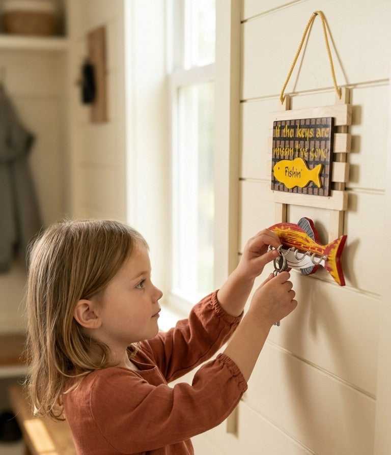 Wooden Fish Wall Key Hanger – Rustic 4-Hook Entryway Organizer