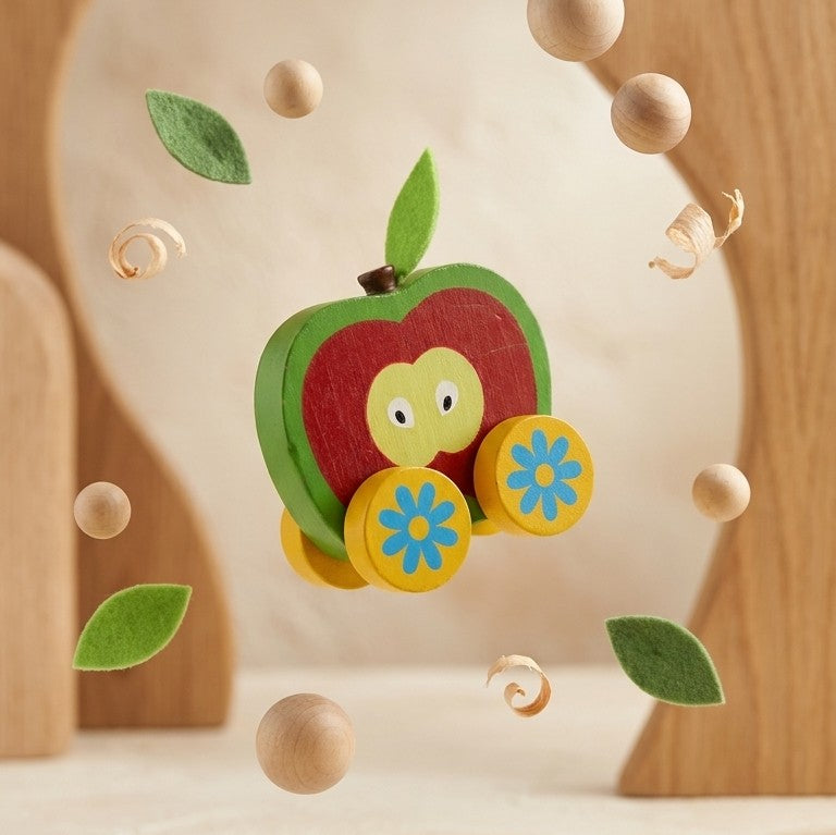 Wooden Apple-on-Wheels Push Car – Sensory Fruit Vehicle Toy
