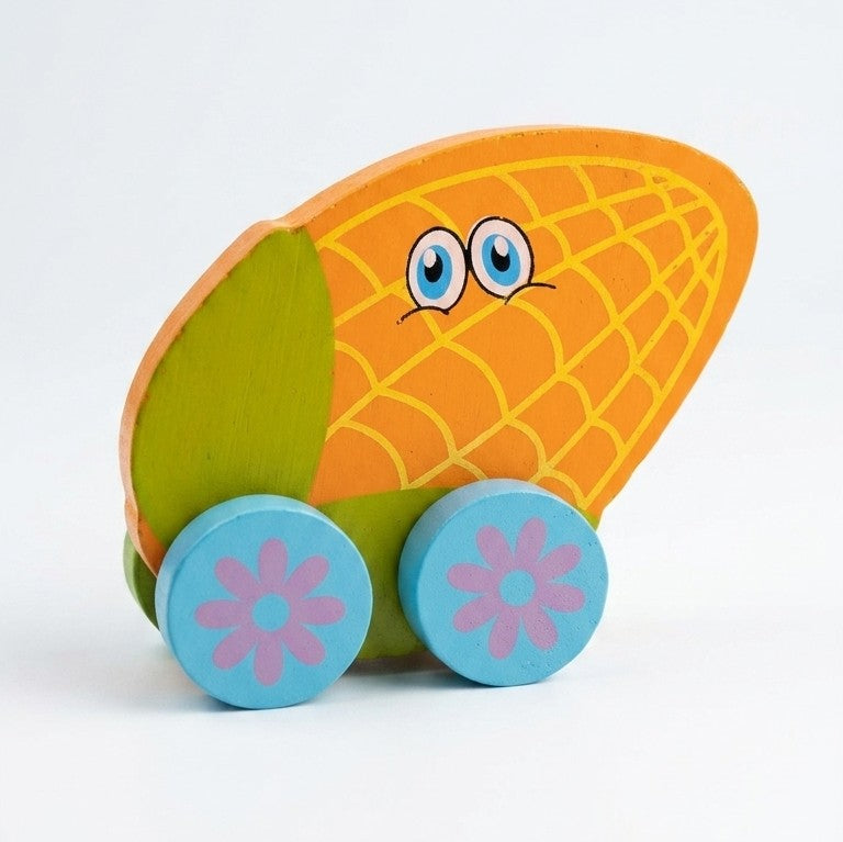 Wooden Corn-on-Wheels Push Car – Sensory Fruit Vehicle Toy
