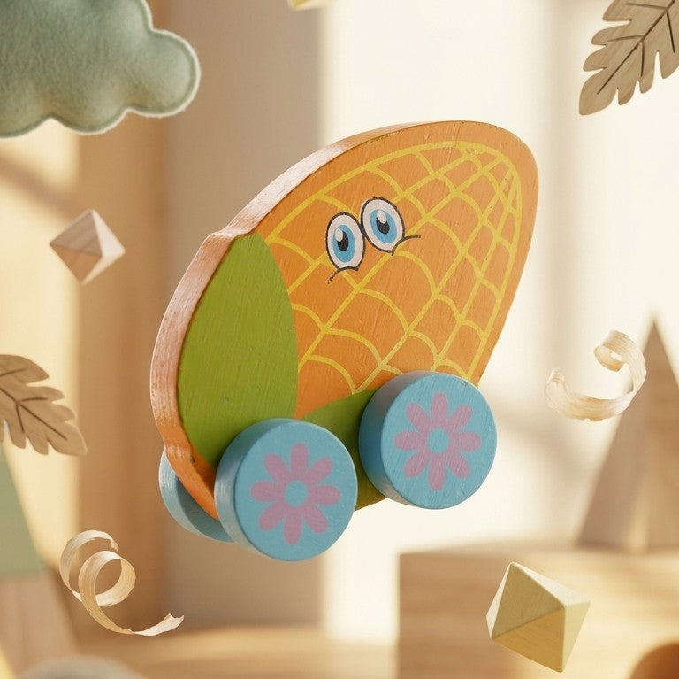 Wooden Corn-on-Wheels Push Car – Sensory Fruit Vehicle Toy