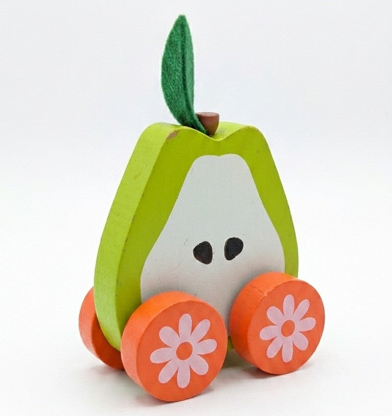 Wooden Pear-on-Wheels Push Car – Sensory Fruit Vehicle Toy