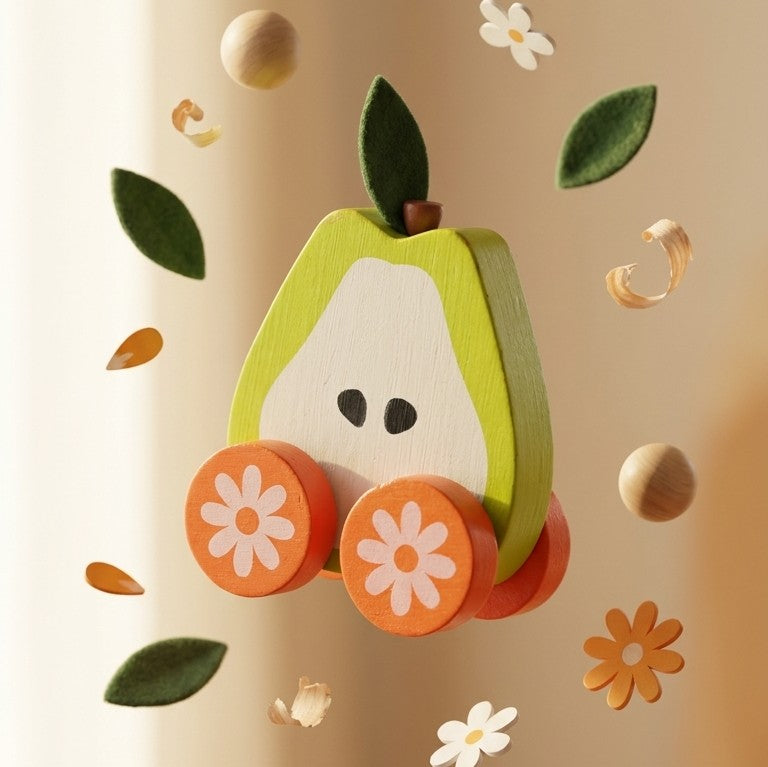 Wooden Pear-on-Wheels Push Car – Sensory Fruit Vehicle Toy