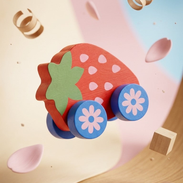 Wooden Strawberry-on-Wheels Push Car – Sensory Fruit Toy