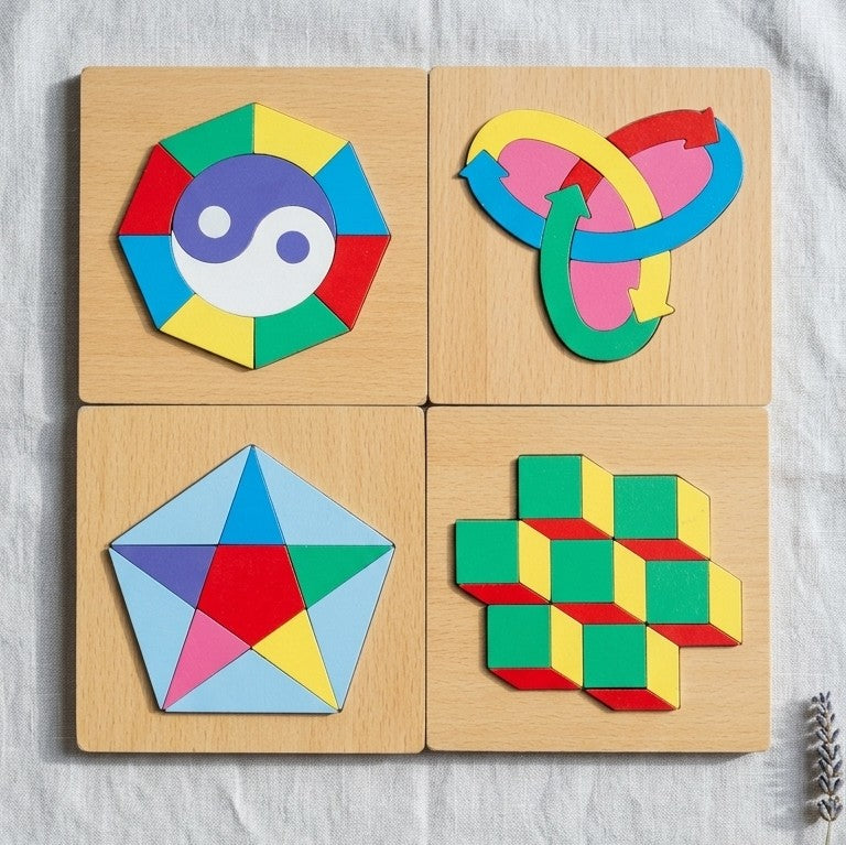 Wooden Geometric Logic Brain Teaser – 4-Board STEM Spatial Puzzle
