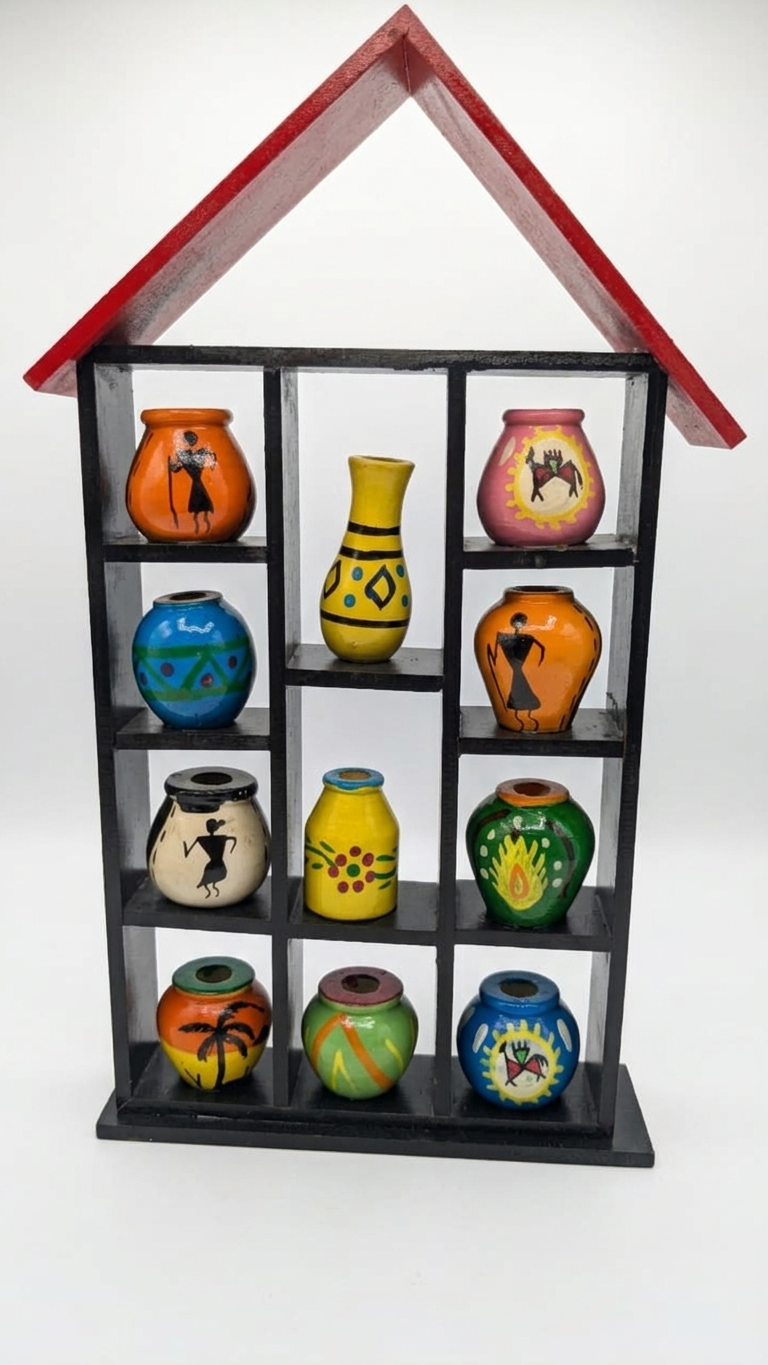 Wooden Hut Shelf with 11 Miniature Vases – Handcrafted Curio Wall Display
