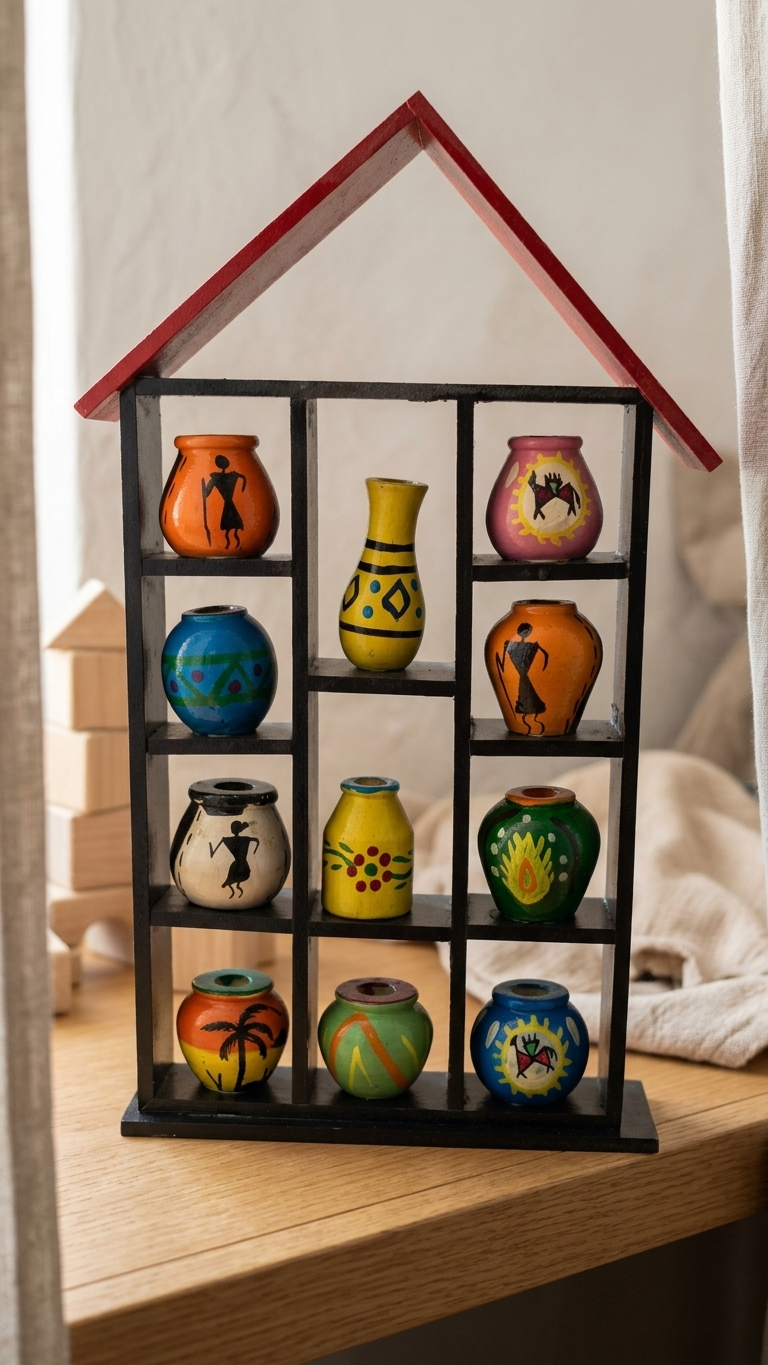 Wooden Hut Shelf with 11 Miniature Vases – Handcrafted Curio Wall Display