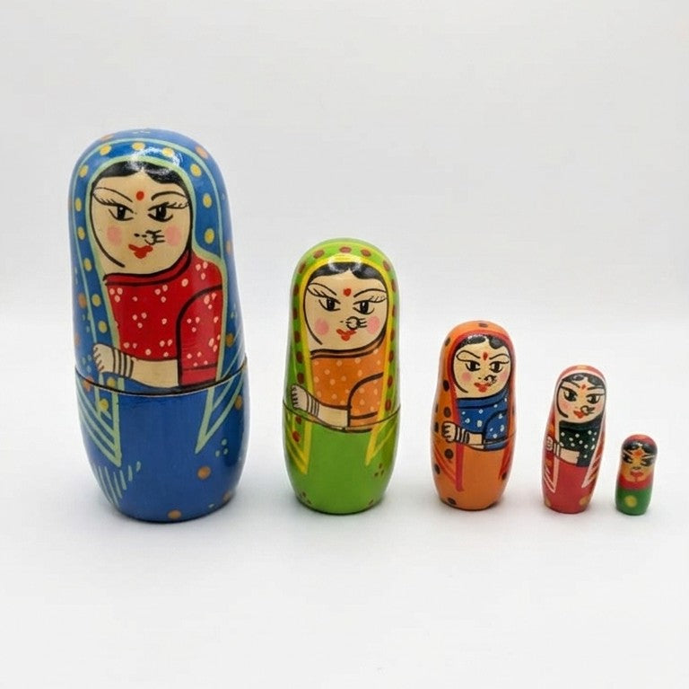 Wooden Indian Women Nesting Dolls – 5-Piece Matryoshka Set